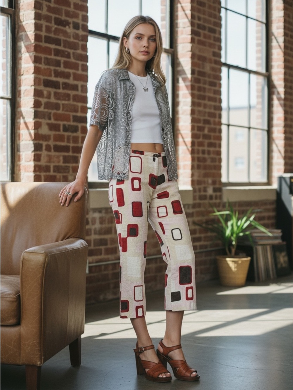 Y2K Miss Sixty luxury 70s Inspired Print Capri Trousers Y2K Low Rise Size 29